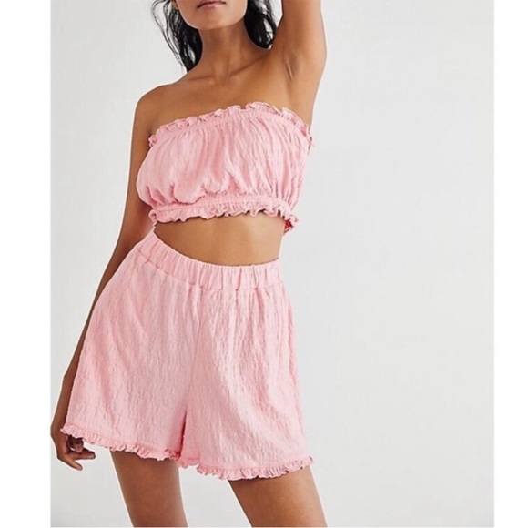 Free People Pants - Free People Beach Twyla Ruffle Slubbed Cotton Pink Shorts with Micro Ruffle